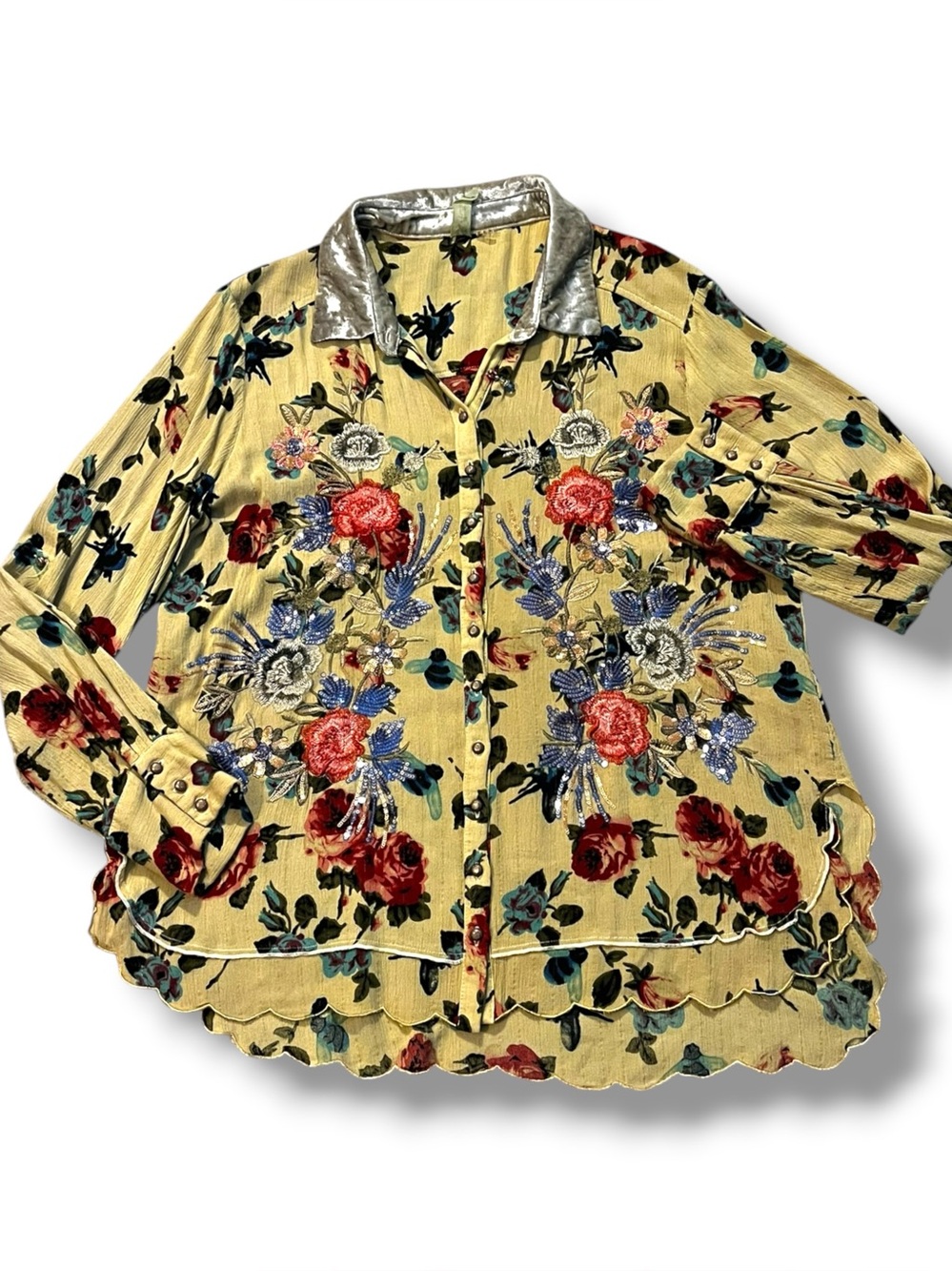 Arrata Silent Journey Tunic Blouse Floral Embroidery Sequins Velvet Collar Boho